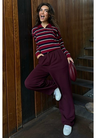Madmext Bordo Çizgili Polo Yaka Düğmeli Kadın Kazak Mg2561 Bordo