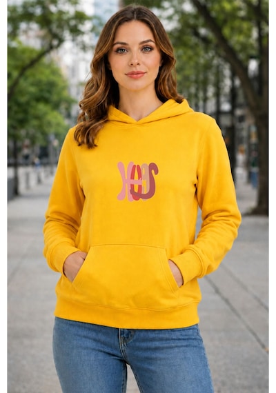 Herkesemoda Hugs Baskılı Kapüşonlu 2 İplik Şardonlu Sweatshirt Sarı