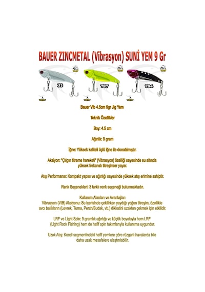 Bauer Zıncmetal Vibrasyon Suni Yem 9 Gr Sarı