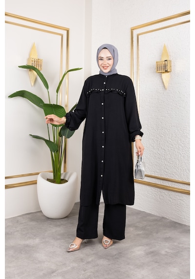 Nevayla Moda Ayrobin Kumaş İnci Detaylı Takım / T105 - Siyah Siyah