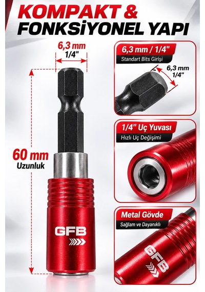 Gfb X-pro Kilitli Bits Adaptörü 60 Mm 1/4" Manyetik Quick Lock Hızlı Uç Değiştirme Aparatı