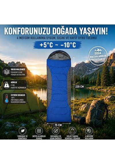 4 Mevsim Uyku Tulumu +5 C -10 C Kamp Uyku Tulumu Nefes Alabilen Kumaş Mavi