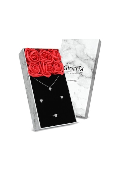 Glorria Gümüş Kalp Anturaj Kolye, Küpe, Yüzük, Çiçekli Hediye Set