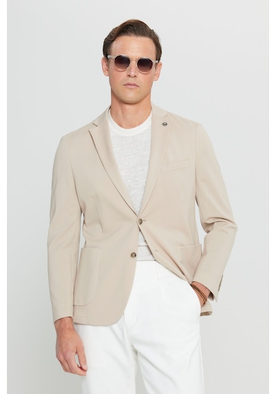 AC&Co / Altınyıldız Classics Erkek Bej Pamuklu Slim Fit Dar Kesim Armürlü Esnek Torba Cepli Blazer Ceket Bej