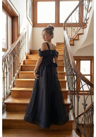 Butik Happy Kids Kız Çocuk Askılı Düşük Omuz Detaylı Şifon Zarif Ve Şık Tasarım Prenses Model Uzun Abiye Elbise 8-15 Yaş Siyah