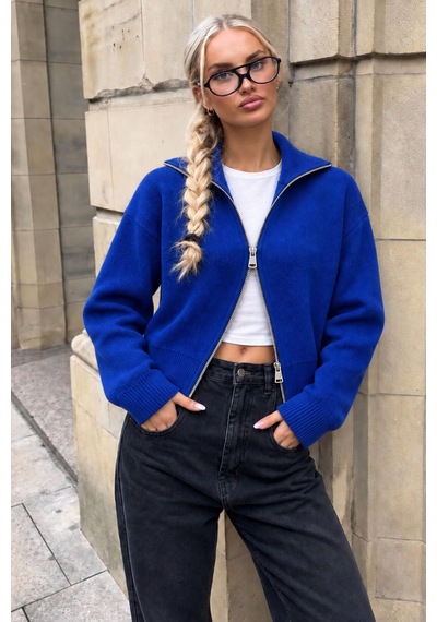 Cool Tarz Kadın Stardart Beden Çift Fermuarlı Dik Yaka Crop Triko Hırka Saks Saks
