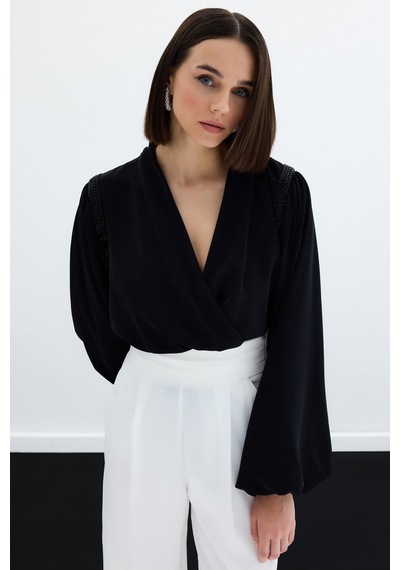Sateen Aksesuar Detaylı Bodysuit Bluz - Siyah