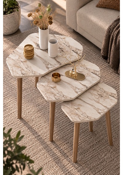 Sulorahome Bej Mermer Desenli 3'lü Zigon Sehpa Seti Beyaz - Wenge