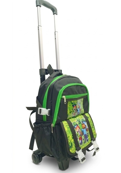 2 Kademeli Çekçekli Tekerlekli Karekter Desenli Laptop Bölmeli İlkokul Sırt Çantası 40 27 17 Cm Siyah/yeşil