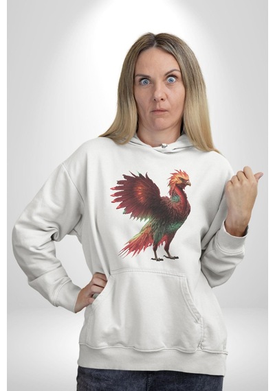 Anka Kuşu Ateş Kuşu Kadın Erkek Beyaz Kapüşonlu Sweatshirt Hoodie Beyaz