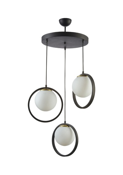 Nina Modern Salon - Mutfak - Yatak Odası Metal Halkalı Kapalı Camlı Üçlü Avize Siyah Siyah