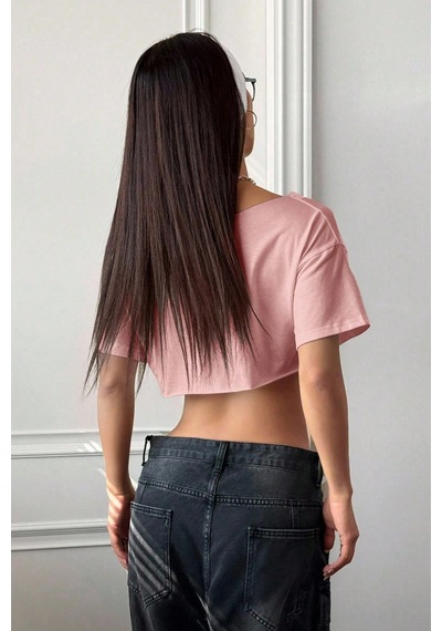 Kadın Pembe Kayık Yaka Oversize Crop T-shirt Pembe