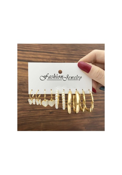 Stylish Akrilik Ve Incili Altın Gold Halka Çoklu Küpe Seti Siyah - Yeşil