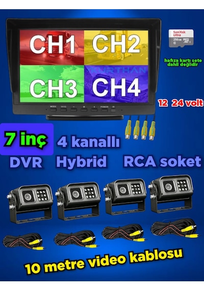 12 - 24 V 4 Adet Metal Kasa Ledli Kamera Ve 7 İnç Dvr Ekran