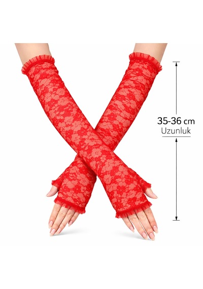Savarga Uzun Zarif Dantel Eldiven Parmaksız Kırmızı 35 Cm 4801