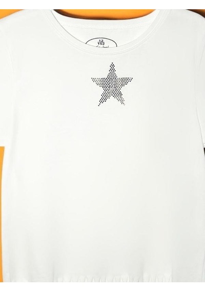 Escabel Kız Çocuk Pamuklu Taşlı Yıldız T-shirt-15713 Ekru