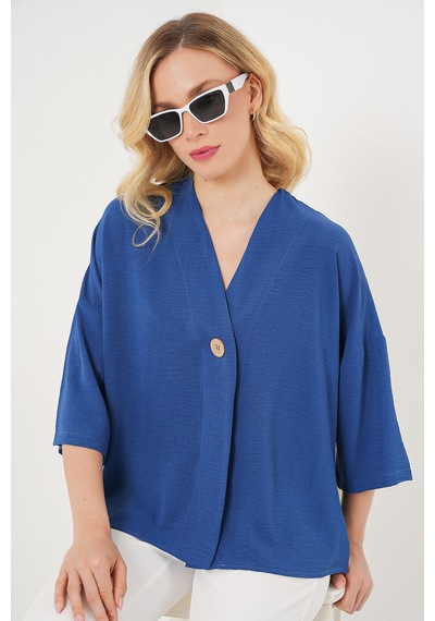 Bigdart Kadın Kısa Kol Oversize Kimono 5969 - İndigo