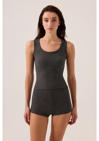 Los Ojos X Ece Antrasit Modal Kumaşlı Askılı Şortlu Pijama Takımı Ribbed Pj3 Antrasit Antrasit