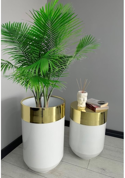Dekoratif Gold Darbuka Parlak Beyaz Saksı 70cm + Sehpa 60cm İkili Set