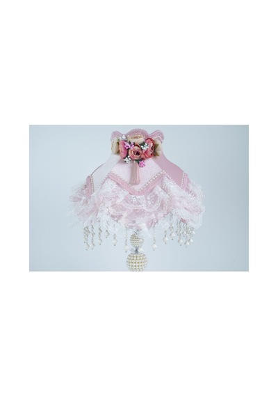 Pembe Kadife Kaplı Çiçek Dekorlu Başlık Beyaz İnci Ayaklı Klasik Prenses Model Abajur 55x25cm