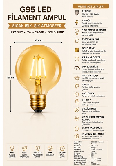 Rustik Led Kırılmaz Ampul G95 Glop E27 4w 2700k Sıcak Işık Gold Filament Dekoratif Dimmerli Tekli