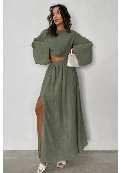 Unika Boutique Ham Keten Bohem Bluz Etek Takım Acık Haki