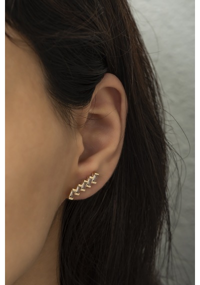 Rose Kaplama Baget Taşlı Asimetrik Sıralı Kadın Küpe Rose Gold