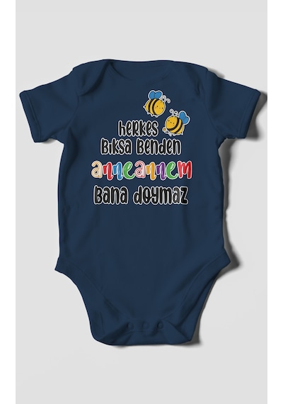 Herkes Bıksa Benden Anneannem Bana Doymaz Baskılı Bebek Zıbını %100 Pamuk Kısa Kol Lacivert