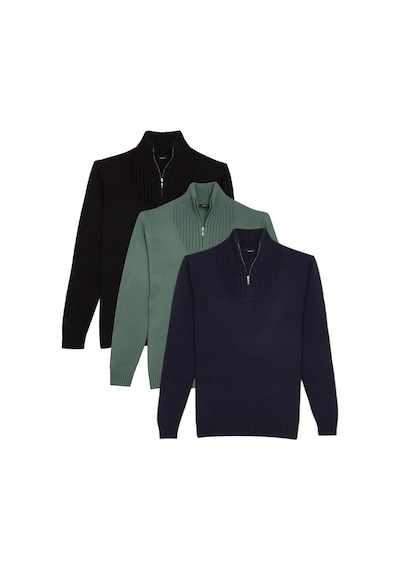 Tudors Erkek 3'lü Paket Siyah-yeşil-lacivert Slim Fit Dar Kesim Fermuarlı Dik Yaka Triko Kazak-41987 Çok Renkli