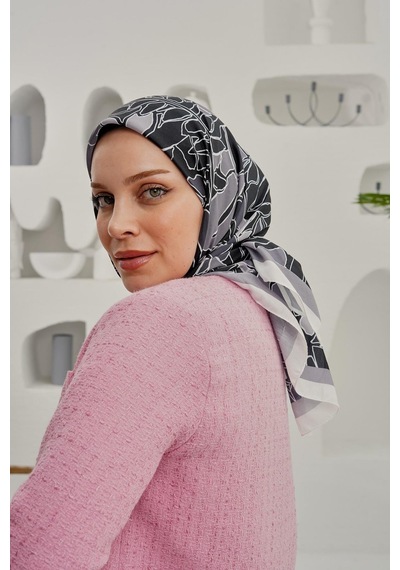 Afvente Yaprak Desen Gri Soft Pamuk Eşarp