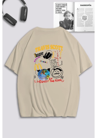 Unisex Kadın Erkek Travis Scott Highest Özel Tasarım Baskılı Oversize T-shirt Bej Mck0150 Bej