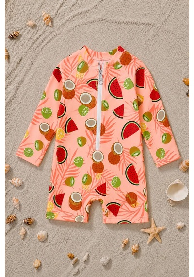 Zuzunga Summer Fruit Desenli Kız Bebek Uzun Kollu Fermuarlı Tulum Mayo