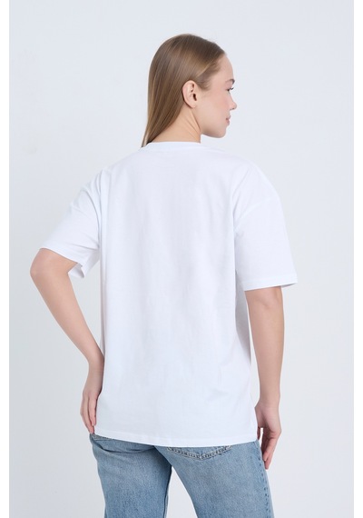 Kadın Oversize Baskılı T-shirt Beyaz 1950 Beyaz