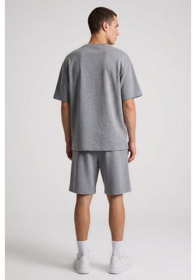 Gri Melanj Oversize Fit Basic Erkek Şort Takım - 85292 GRİ MELANJ
