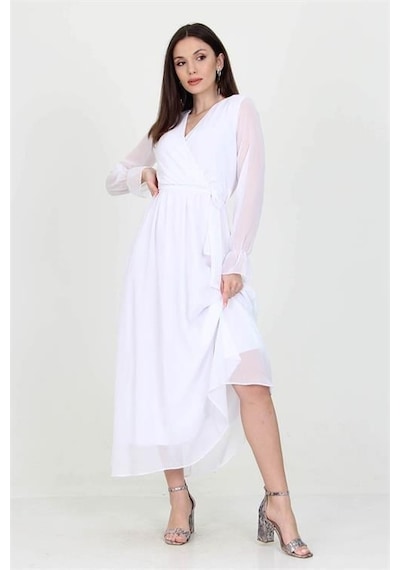 Dip Moda Kadın Kuşaklı Astarlı Uzun Şifon Elbise Dpnb003 BEYAZ Dip Moda Kadın Kuşaklı Astarlı Uzun Şifon Elbise Dpnb003 BEYAZ