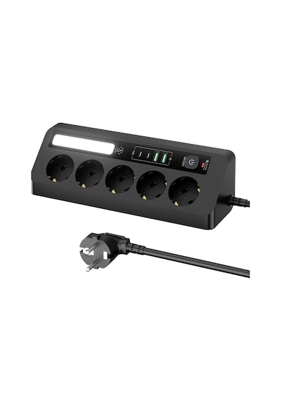 5 Li Akım Korumalı Priz 2500w 2 Usb + 2 Type-c Hızlı Şarj Led Gece Lambalı Dokunmatik Siyah
