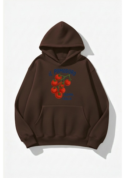 Uyguntarz Unisex Yumuşak Dokulu İl Pomodoro Roma Italia Baskılı Tasarım Oversize 3 İplik Hoodie Sweatshirt Kahverengi