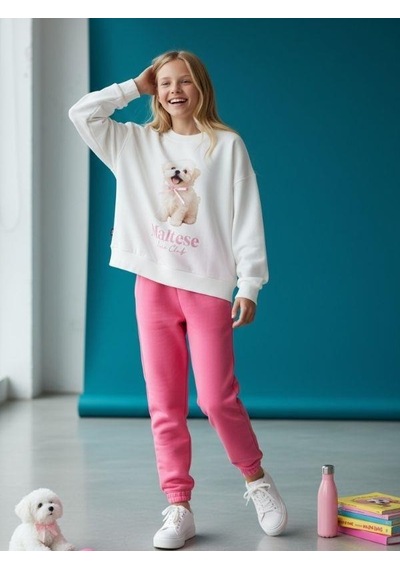 Kız Çocuk Pamuklu Köpek Baskılı Oversize Tasarım Sweatshirt-16472 Ekru