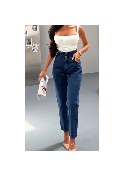 Kene Jeans Yüksek Bel Lacivert Çift Düğme Kemer Büzgülü Mom Jeans Lacivert