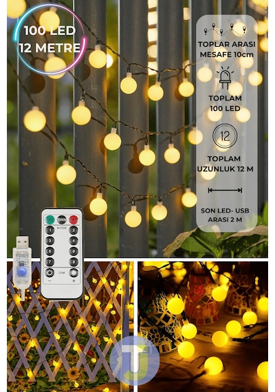 Technojet 100 Top Ledli Usbli Kumandalı 8 Modlu Led Işık Parti Süsleme Organizasyon 12 Metre