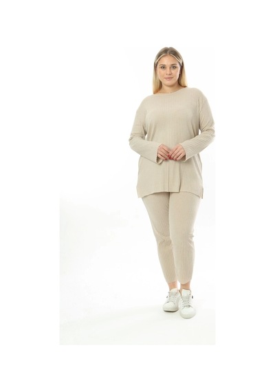 Modasehle Büyük Beden Uzun Kollu Yüksek Bel Beli Lastikli Yırtmaçlı İnce Pijama Takım Uzun-krem Modasehle Büyük Beden Uzun Kollu Yüksek Bel Beli Lastikli Yırtmaçlı İnce Pijama Takım Uzun-krem