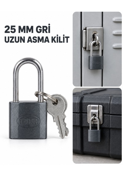 25 Mm Gri Uzun Kelepçeli Asma Kilit Anahtarlı Dolap, Bavul Ve Takım Çantası Kilidi