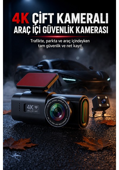 4k Ultra Hd Araç Kamerası Çift Lens Ön Arka Wi-fi Gps Park Modu Gece Görüşlü G-sensörlü Araç İçi Güvenlik Kamerası