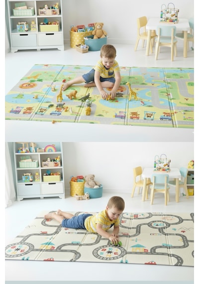 Pureza Çift Taraflı Katlanabilir Oyun Matı 200cmx130cmx1cm Kaymaz, Darbe Emici, Su Geçirmez, Bebek Ve Çocuklar İçin, Yeşil Parkur/Araba Yarışı, Taşıma Çantası Hediyeli Yerli Üretim