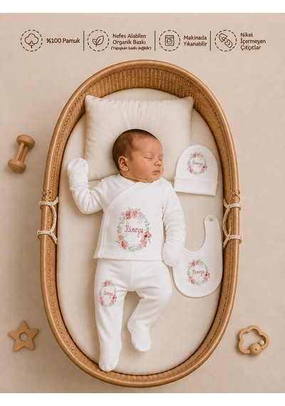 Pia Baby Kız Bebek 5'li Zıbın Seti %100 Pamuk İsimli Kişiye Özel Organik Baskılı 2091z0x Krem