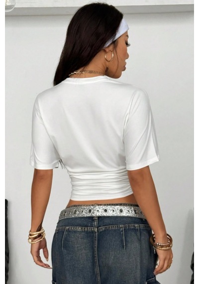 Kadın Kısa Kollu Crop Tişört Bisiklet Yaka, Slim Fit, Günlük & Şık Basic T-shirt Beyaz