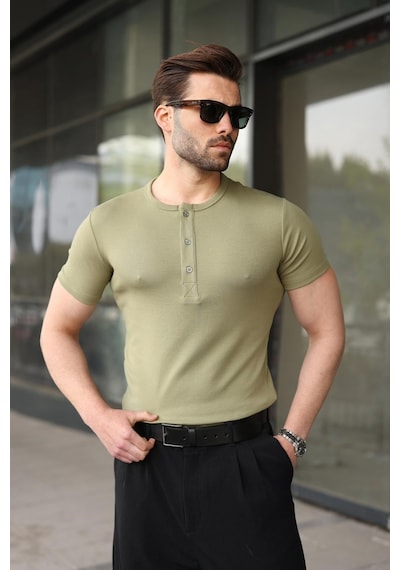 Madmext Mint Yeşili Yarım Düğmeli Slim Fit Erkek Tişört E7186