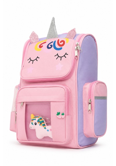 Quovo Unicorn Özel Tasarım Okul Çantası Aksesuar Hediyeli Ortopedik Pembe Sırt Çantası