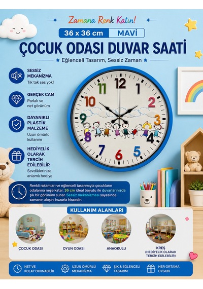 36 Cm Mavi Çocuk Odası Duvar Saati Çocuk Odası Renkli Rakamlı 57454065