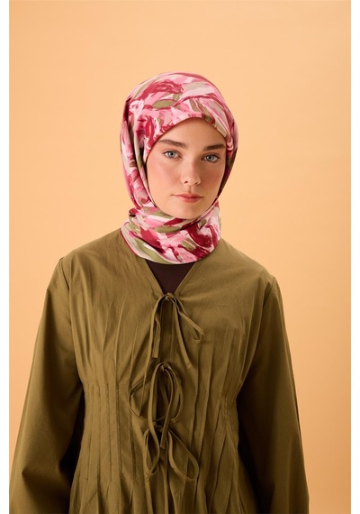 Silk Home Organik Pamuk İpek Eşarp Su Yeşili-pembe-çilek Kırmızısı Desenli Kaymaz Tok Duruşlu 90x90 Çok Renkli